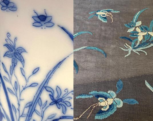 Two images side by side show, on the left, a group of lilies, leaves, and insects painted blue on a white surface, and, on the right, irises and butterflies in varying shades of blue embroidered onto a blue-black piece of fabric.