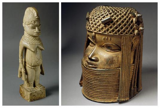 Two images show (at left) an ivory sculpture of a woman covered in jewelry and decoration and (at right) a small bronze sculpture of a man’s head with an intricate cap and tightly coiled jewelry underneath his chin.