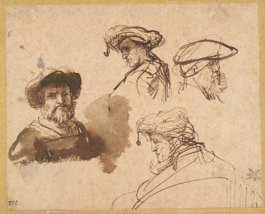 A drawing shows four sketched views of a bearded man’s face, one further developed with brushwork.