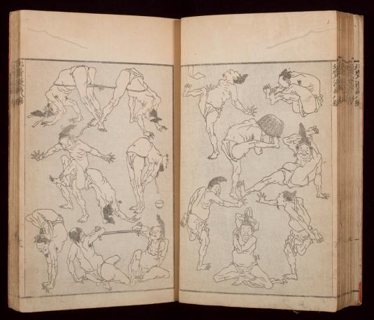 A page spread depicts the same man in different body positions.