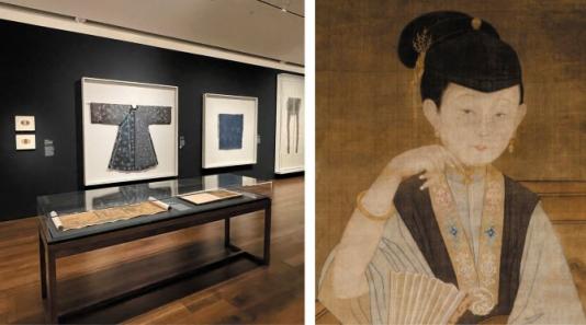 Two images are side by side. The one on the left is a photograph of a gallery featuring a glass cabinet containing unrolled scrolls. Mounted on the wall behind is a blue silk blouse. The image on the right is a painting of a bejeweled woman sitting with her chin propped against a manicured hand.