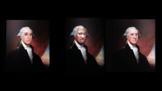 Three variations on a painted portrait of George Washington, with different faces superimposed on the original.