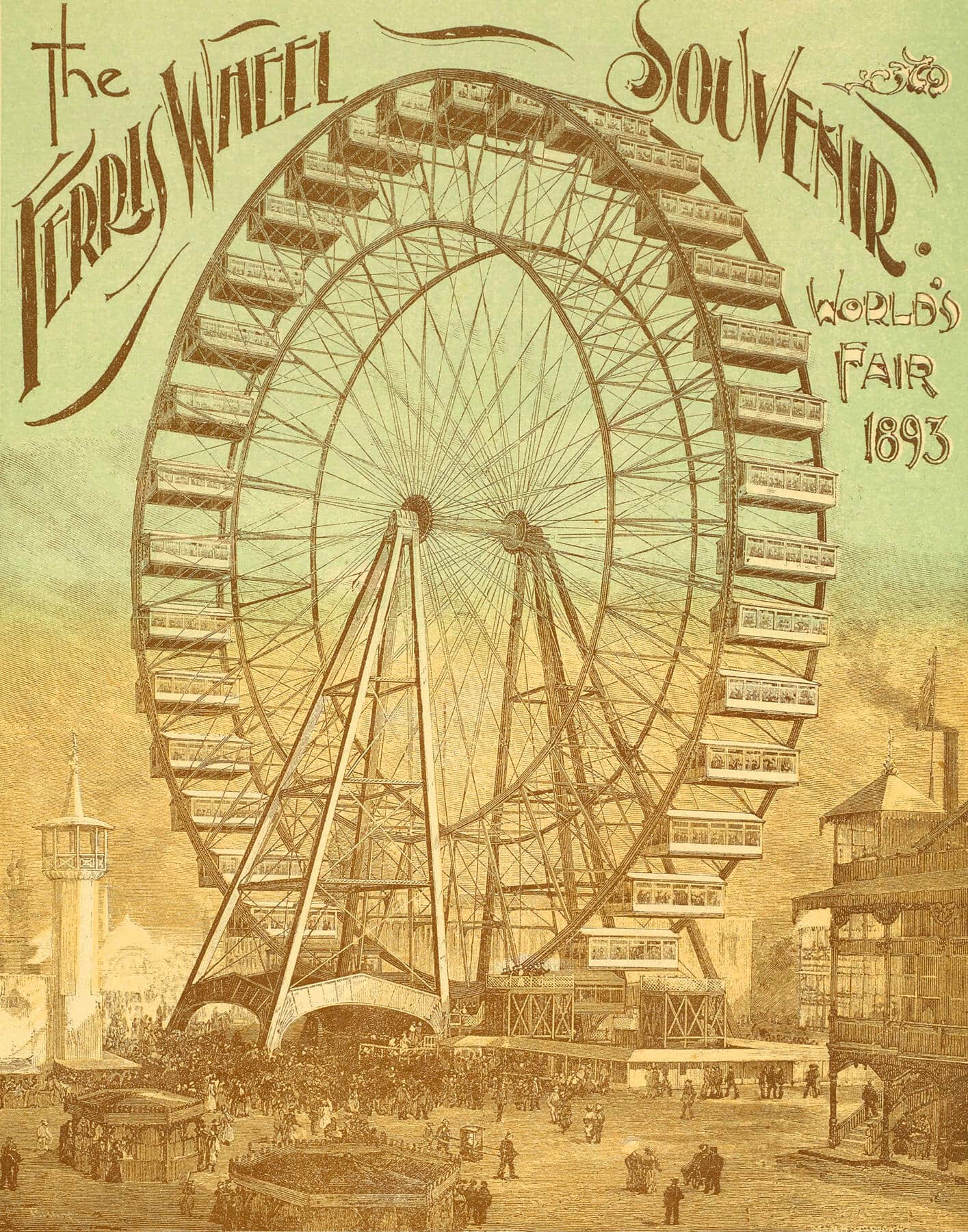 Historic illustration of a ferris wheel from the World's Fair 1893.