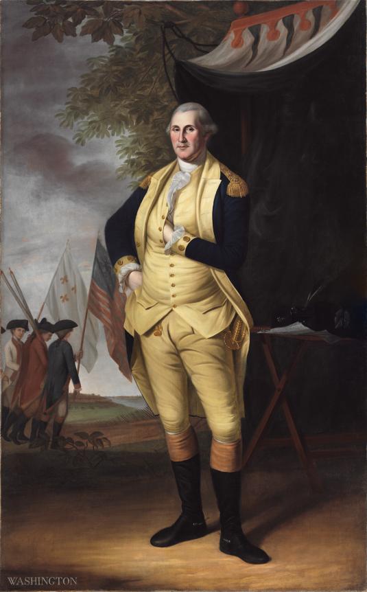 A full-length portrait of George Washington standing in a landscape with soldiers.