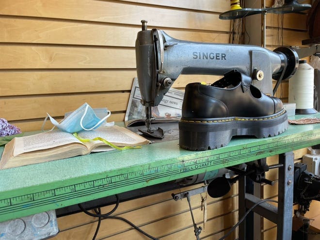 The Singer machine on which Cambridge cobbler Christos Soillos sews shoes.