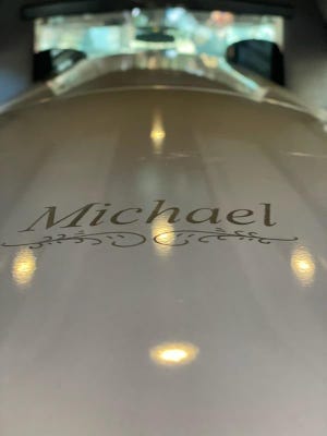 Michael's casket during a Harvard Square service for him on June 30, 2020