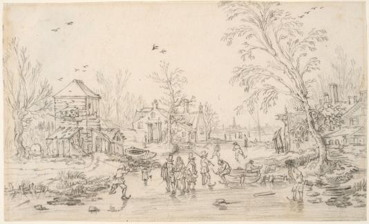 A drawing of people ice skating on a frozen waterway with a few structures and trees along its banks.