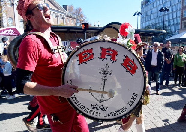 CAMBRIDGE, MA October 9: The Extraordinary Rendition Band marches into Harvard Square during the 17th Annual Honk! Parade on Massachusetts Ave, part of the 43rd annual Octoberfest in Harvard Square, Sunday,October 9, 2022, in Cambridge, Mass. (Photo By Jim Michaud/ Boston Herald)