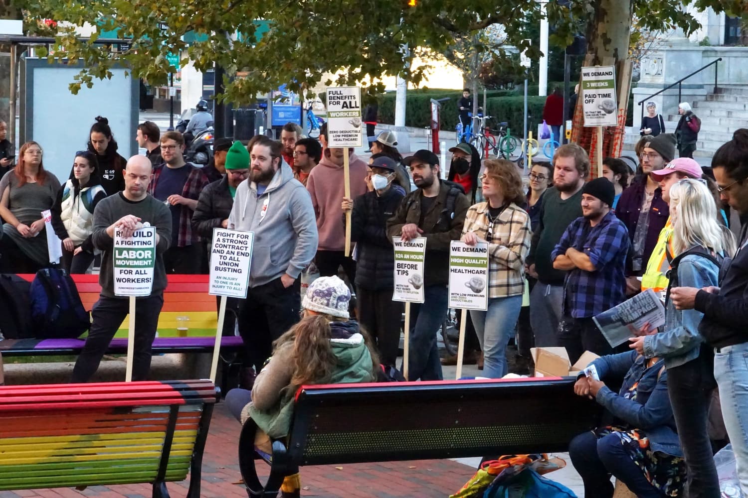 Darwin's workers gathered at Cambridge City Hall Sunday to protest the closure of the coffee shop chain's Harvard Square location.