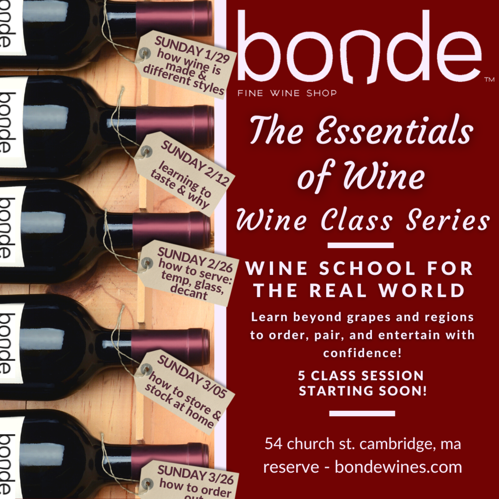 The Essentials of Wine - Bonde Wine Class Series - January 29 - March 26