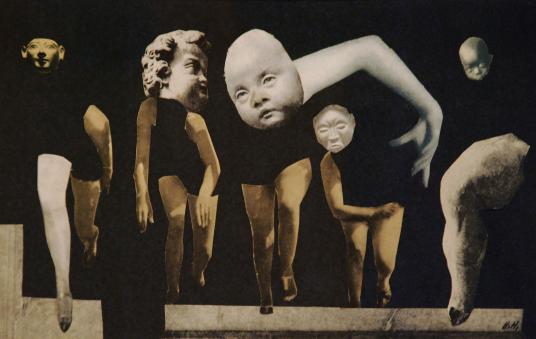 Cut-out photographic images of disembodied legs, arms, and heads line up as if in a race.