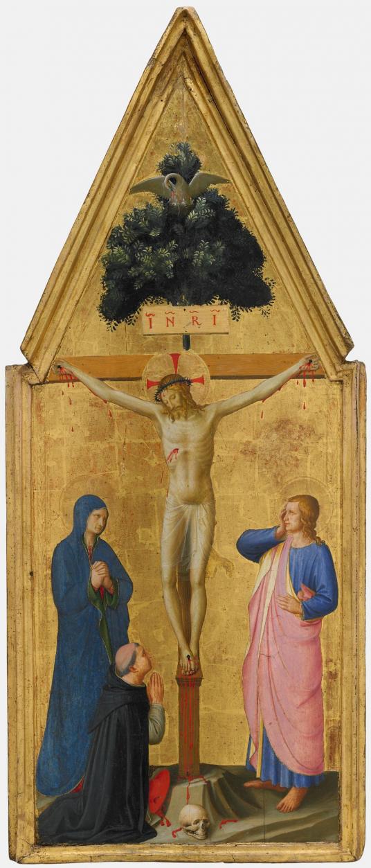 Tall yellow pentagonal panel painted with an image of a man on a cross surrounded by three figures.