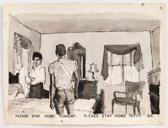 An ink wash drawing depicts two men in a bedroom, with text at the bottom.