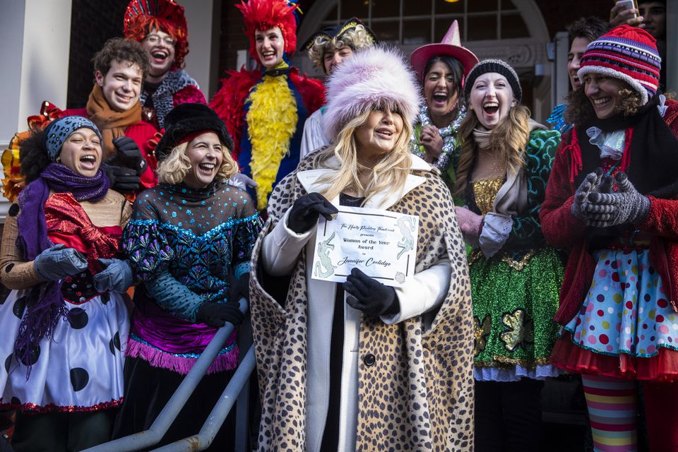 Jennifer Coolidge holds up her certificate from The Hasty Pudding Theatricals, declaring her as the recipient of its 2023 Woman of the Year Award. 