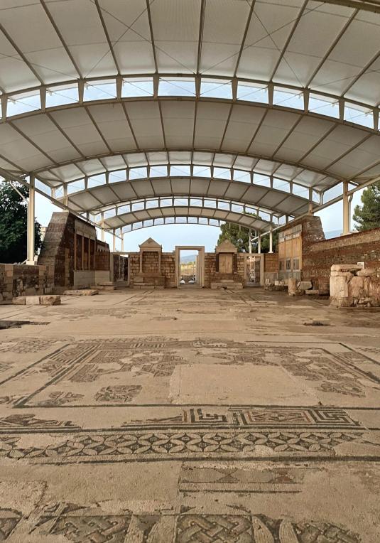 Ancient building ruins and brown mosaic floors, topped by a modern white roof.