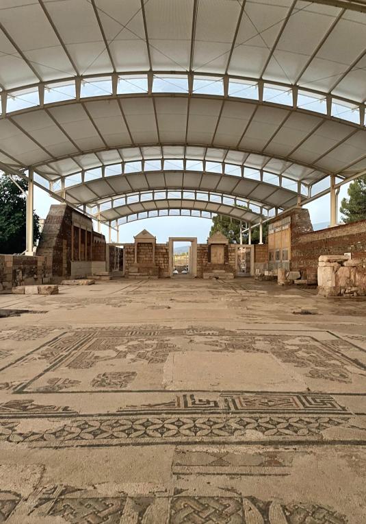 Ancient building ruins and brown mosaic floors, topped by a modern white roof.