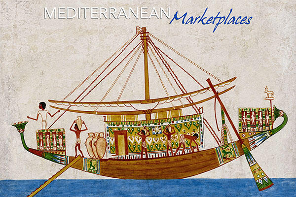 Mural with text Mediterranean Marketplace about an Ancient Egyptian painting of people on a ship.