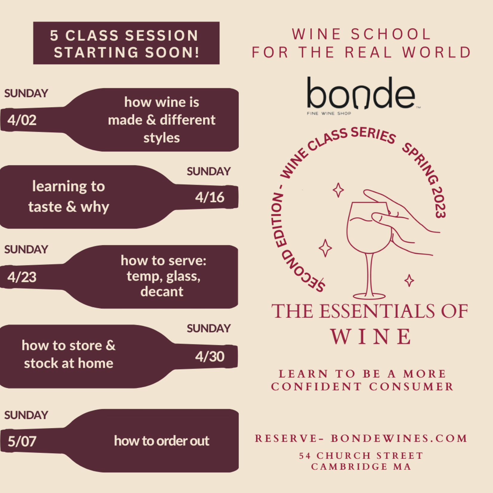 The Essentials of Wine - Bonde Wine 5 Class Series (April 2 - May 7) Sundays 5:00 - 6:30 p.m.