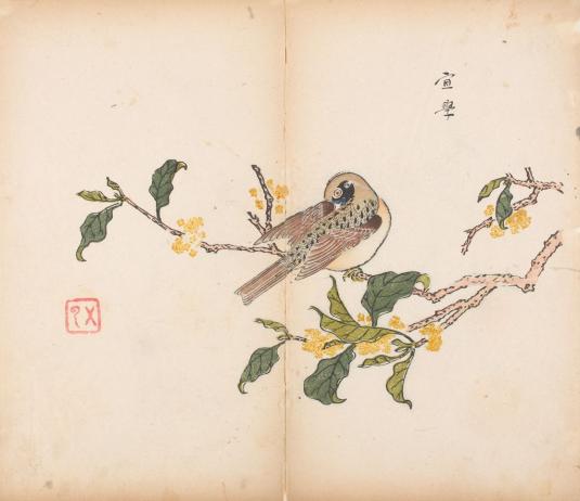 A woodblock print shows a sparrow perched on a branch. The painting is executed in black ink and delicate gradations of color.