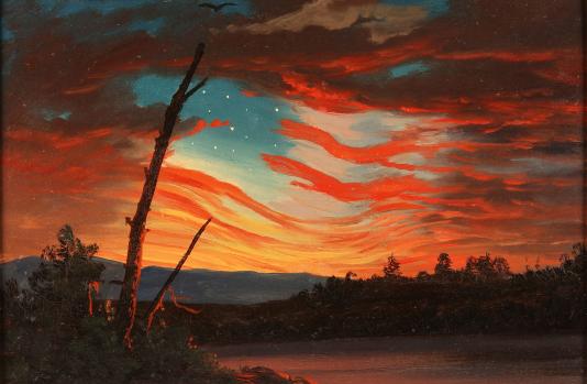 Painting of a sunset, with the appearance of the U.S. flag.