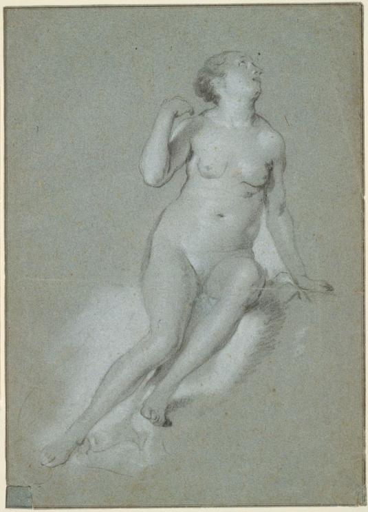 Drawing of a seated female nude leaning to the right with her head turned upward.