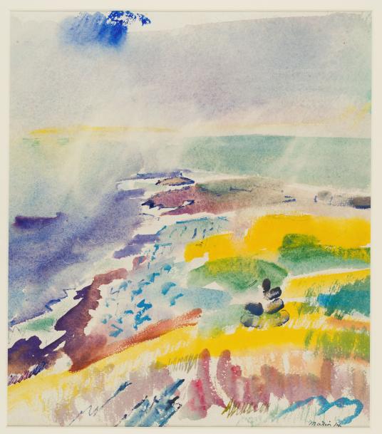 Image of a watercolor drawing of a seascape featuring abstracted strokes of color in shades of blue, green, yellow, red, pink, and grey, layered over a white background.