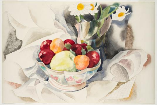 This drawing depicts a bowl of fruit and a vase of daisies on a table covered with a tablecloth with abstract patterns.