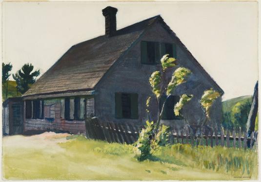 A watercolor drawing of a dark gray house with a steep pitched roof and chimney, framed by a lush green landscape.