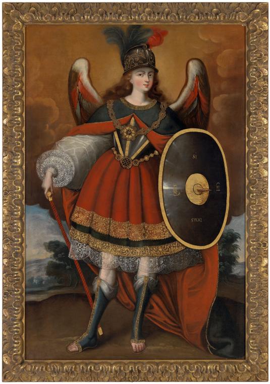 A winged figure in armor.