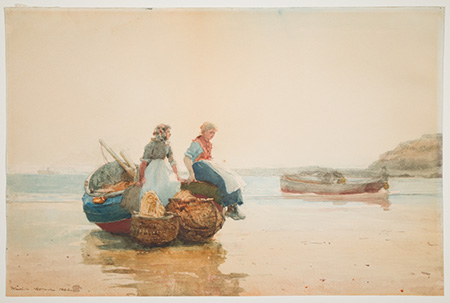 Watercolor painting of two women seated on a fishing boat on the shore.