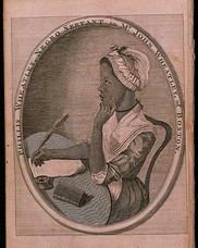 Sketch engraving of 18th century poet Phillis Wheatley sitting at a table.