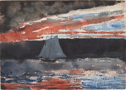 A watercolor drawing of a sailboat against a dark background, with a red and blue streaked sky that is reflected by the water below.