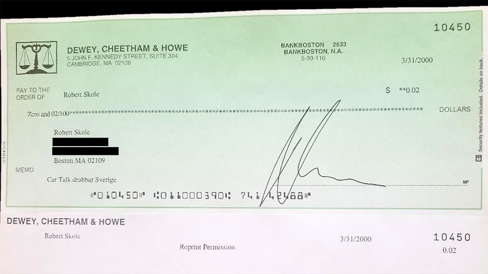 A check for 2 cents to Robert Skole from the law firm of Dewey, Cheetham & Howe.