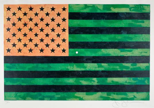 A version of the American flag rendered in green, black, and orange.