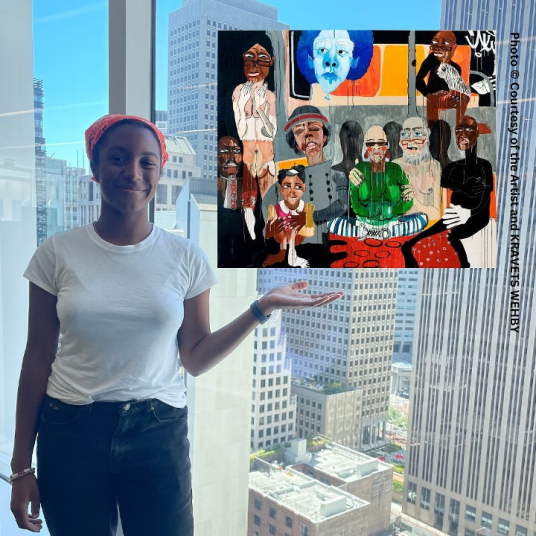 In this photomontage, a smiling young woman in a T-shirt and jeans stands by the window of a tall building, gesturing toward a contemporary painting that appears to be floating. With bright colors and drippy brushwork, the painting represents multiple people on the subway.