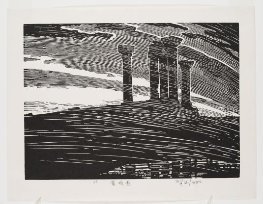 Black and white print showing free-standing columns against a cloudy sky.