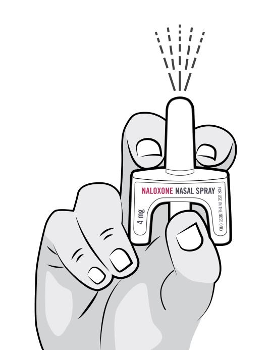 Black and white graphic of a hand holding a small bottle of Narcan nasal spray.