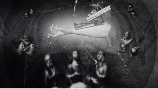 A monochromatic film still of an arm and a tool, with several religious figures in the background.