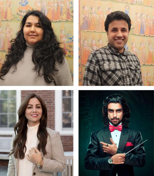 Four headshot photographs of two women and two men.