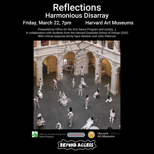 A black event poster shows a photograph of performers and dancers in a museum courtyard.
