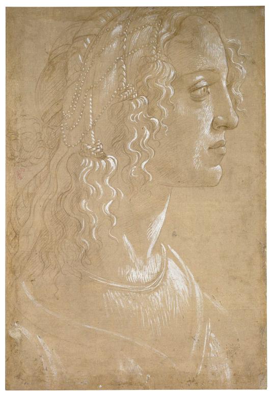 A drawing depicts a woman in profile, facing right. The figure is contoured in white and yellow against a dark background.