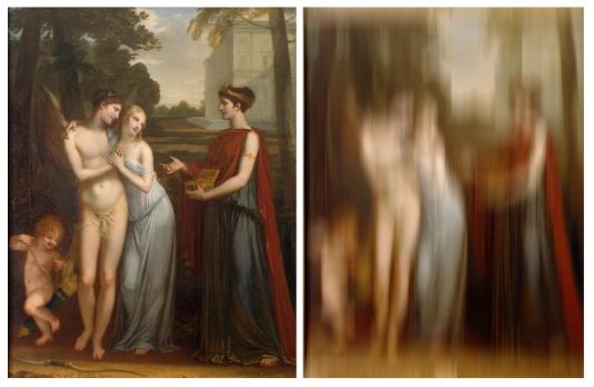 Two paintings are side by side. The first shows a couple in an outdoor scene being offered jewelry from a woman, with a cupid-like figure nearby. The second is the same image blurred.