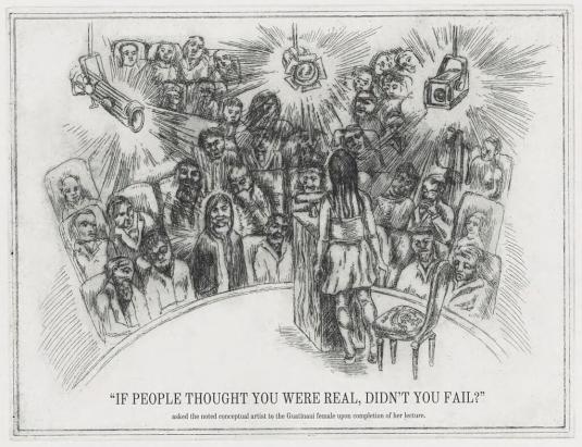 In this print, a person stands on a stage in front of an audience; text at the bottom reads: “‘If people thought you were real, didn’t you fail?’”